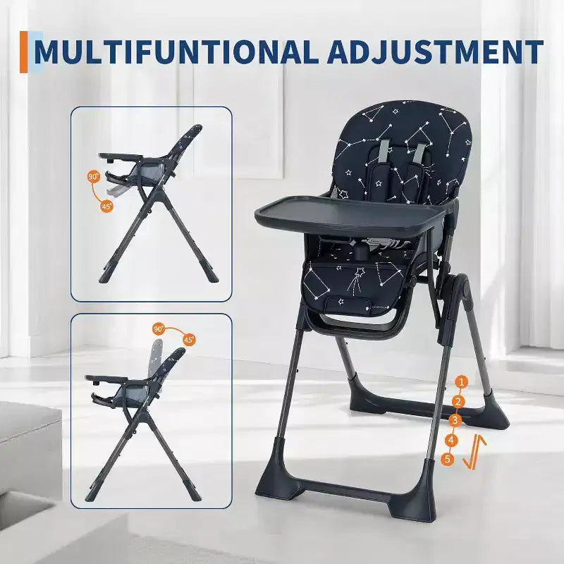 Chaise haute pour bébés et tout-petits, chaise d'alimentation pliable avec hauteur/dossier/repose-pieds réglables, plateau amovible, conception pliable rapide