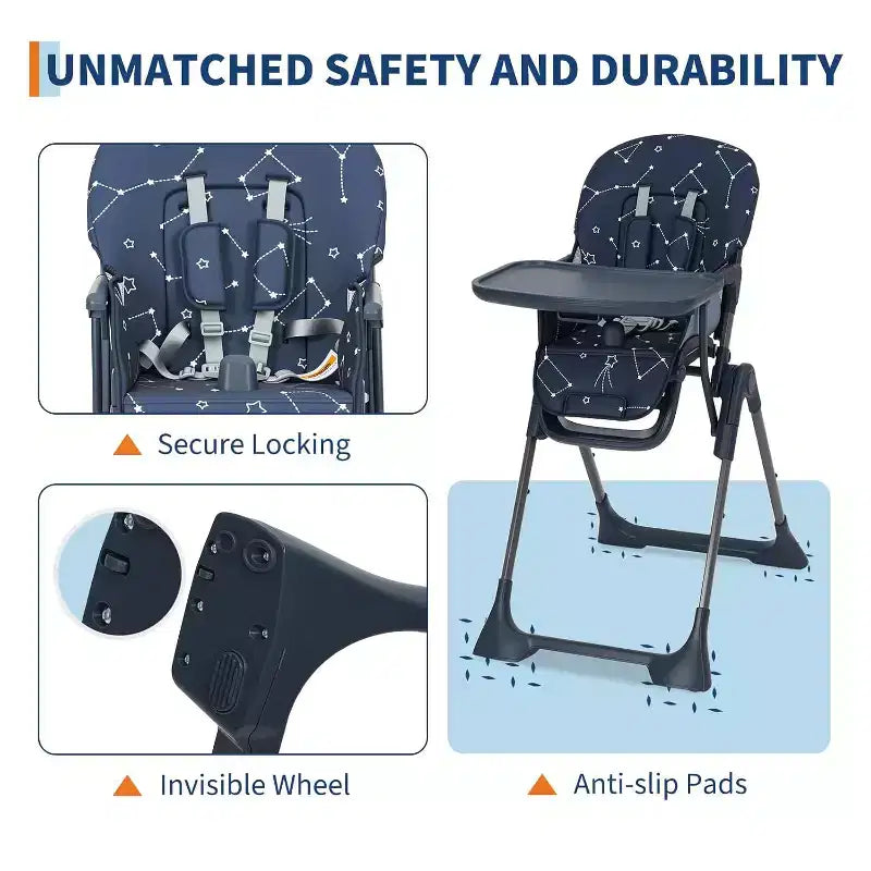Chaise haute pour bébés et tout-petits, chaise d'alimentation pliable avec hauteur/dossier/repose-pieds réglables, plateau amovible, conception pliable rapide