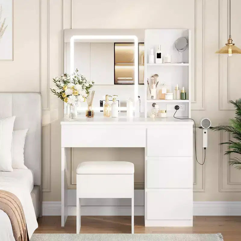 Coiffeuse avec miroir lumineux, 4 tiroirs, prise de courant, tabouret de rangement, étagères de rangement, miroir 3 couleurs d'éclairage réglables, Blanc