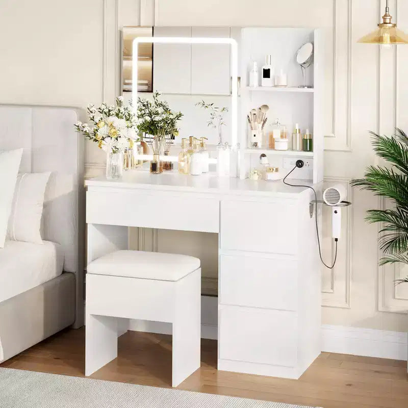 Coiffeuse avec miroir lumineux, 4 tiroirs, prise de courant, tabouret de rangement, étagères de rangement, miroir 3 couleurs d'éclairage réglables, Blanc