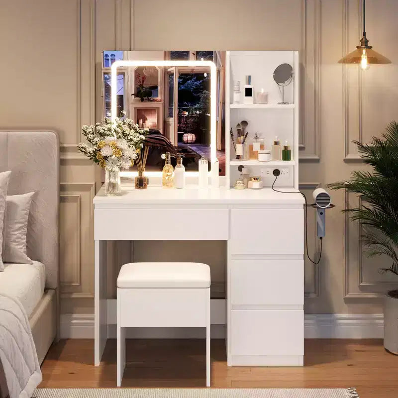 Coiffeuse avec miroir lumineux, 4 tiroirs, prise de courant, tabouret de rangement, étagères de rangement, miroir 3 couleurs d'éclairage réglables, Blanc
