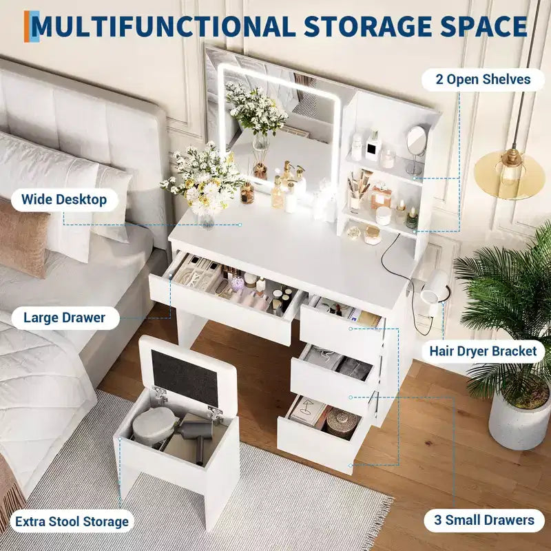 Coiffeuse avec miroir lumineux, 4 tiroirs, prise de courant, tabouret de rangement, étagères de rangement, miroir 3 couleurs d'éclairage réglables, Blanc