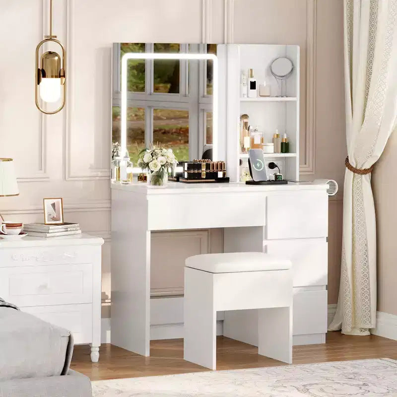 Makeup Vanity Desk with Lighted Mirror, 4 Drawers, Power Outlet, Storage Stool, Storage Shelves, Mirror 3 Lighting Color Adjust, White