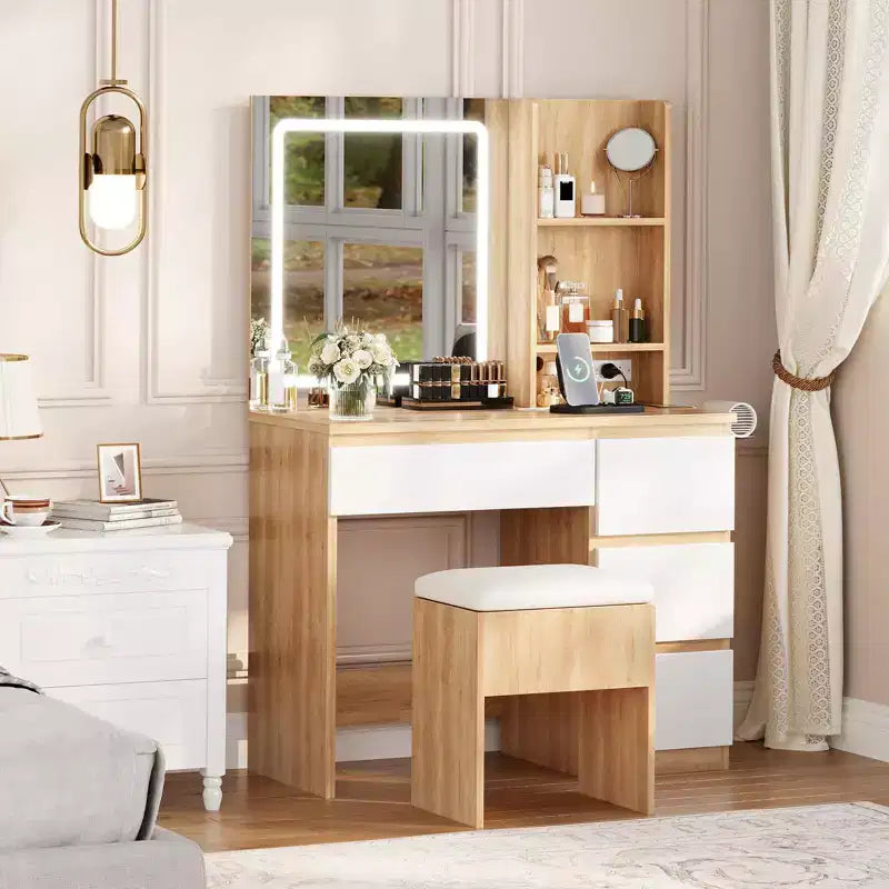 Coiffeuse avec miroir lumineux, 4 tiroirs, prise de courant, tabouret de rangement, étagères de rangement, miroir 3 couleurs d'éclairage réglables, Blanc