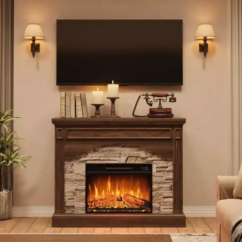 Meuble TV avec cheminée pour téléviseurs jusqu'à 80 pouces, cheminée électrique avec manteau, meuble de divertissement en bois de style ferme, effet de flamme 3D