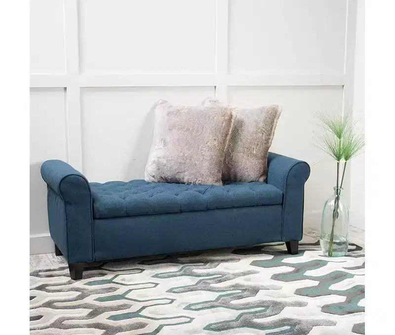 Banc de rangement moderne avec siège rembourré et accoudoirs, pouf de rangement avec pieds en bois, banc de bout de lit pour salon, chambre à coucher