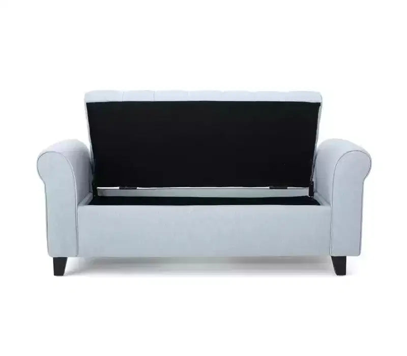 Banc de rangement moderne avec siège rembourré et accoudoirs, pouf de rangement avec pieds en bois, banc de bout de lit pour salon, chambre à coucher