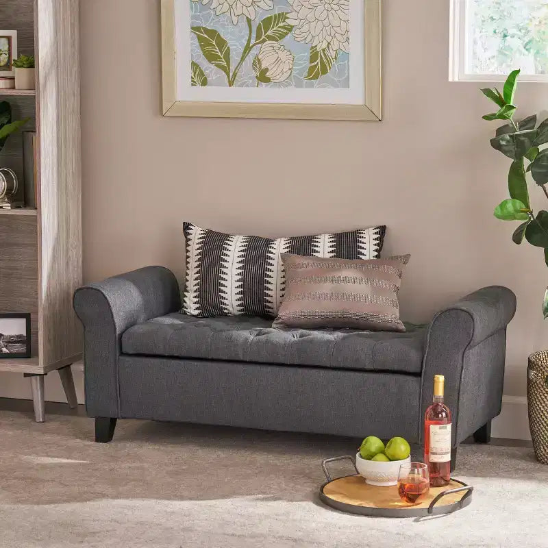 Banc de rangement moderne avec siège rembourré et accoudoirs, pouf de rangement avec pieds en bois, banc de bout de lit pour salon, chambre à coucher