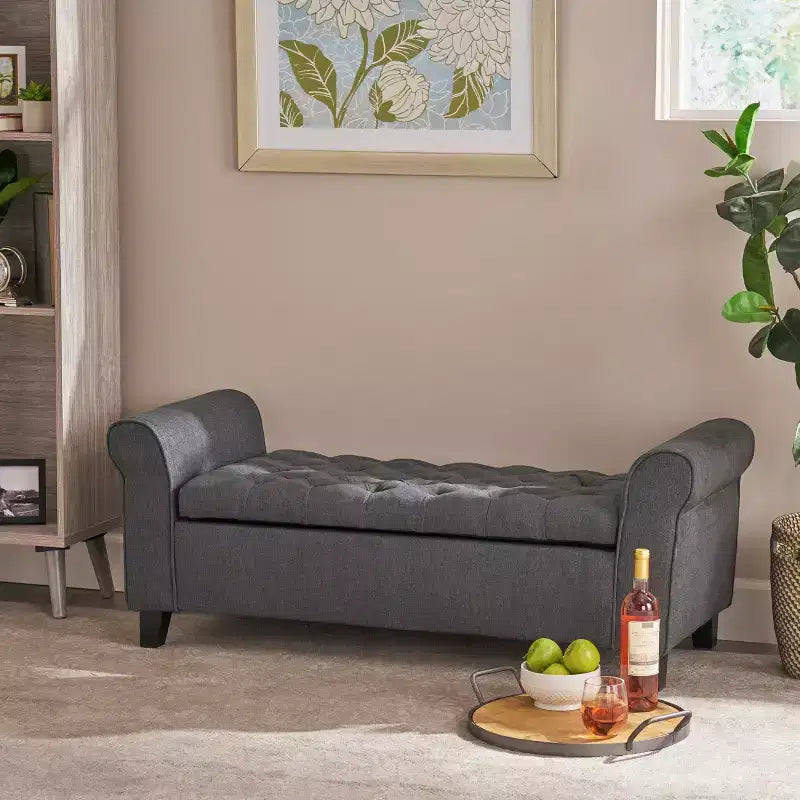 Banc de rangement moderne avec siège rembourré et accoudoirs, pouf de rangement avec pieds en bois, banc de bout de lit pour salon, chambre à coucher