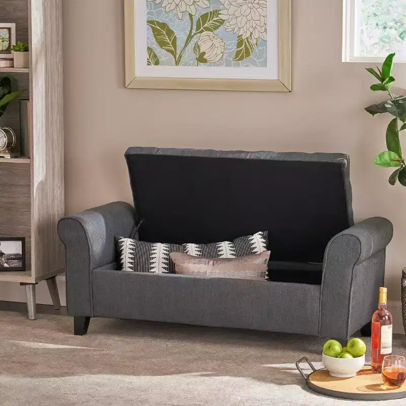 Banc de rangement moderne avec siège rembourré et accoudoirs, pouf de rangement avec pieds en bois, banc de bout de lit pour salon, chambre à coucher