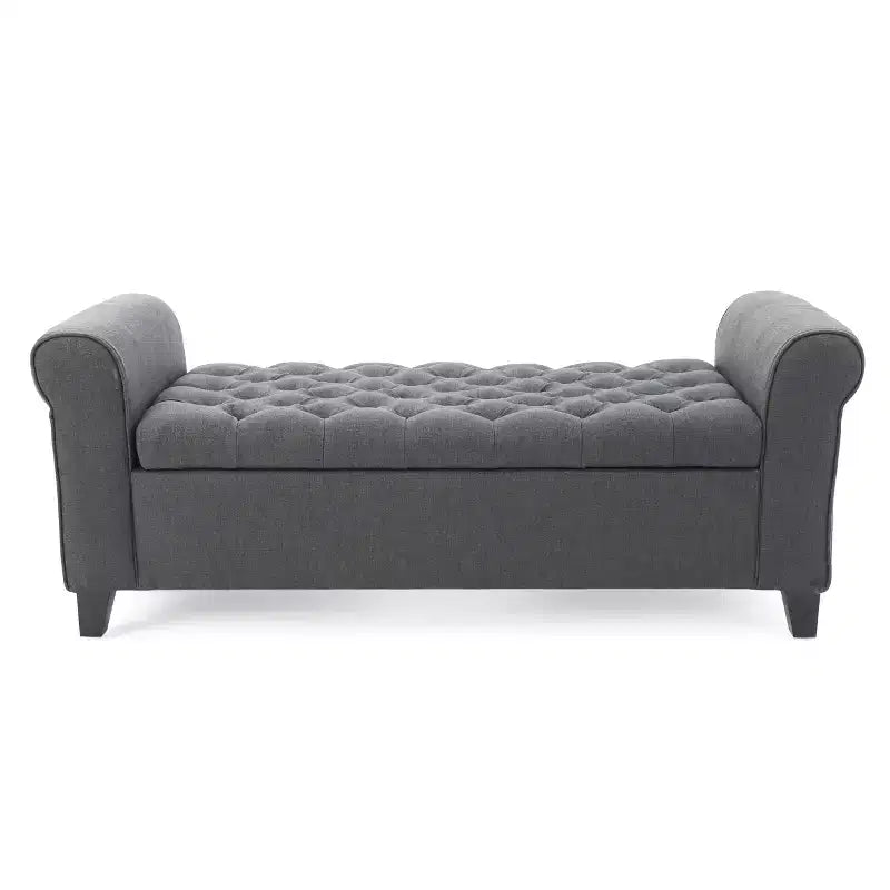Banc de rangement moderne avec siège rembourré et accoudoirs, pouf de rangement avec pieds en bois, banc de bout de lit pour salon, chambre à coucher