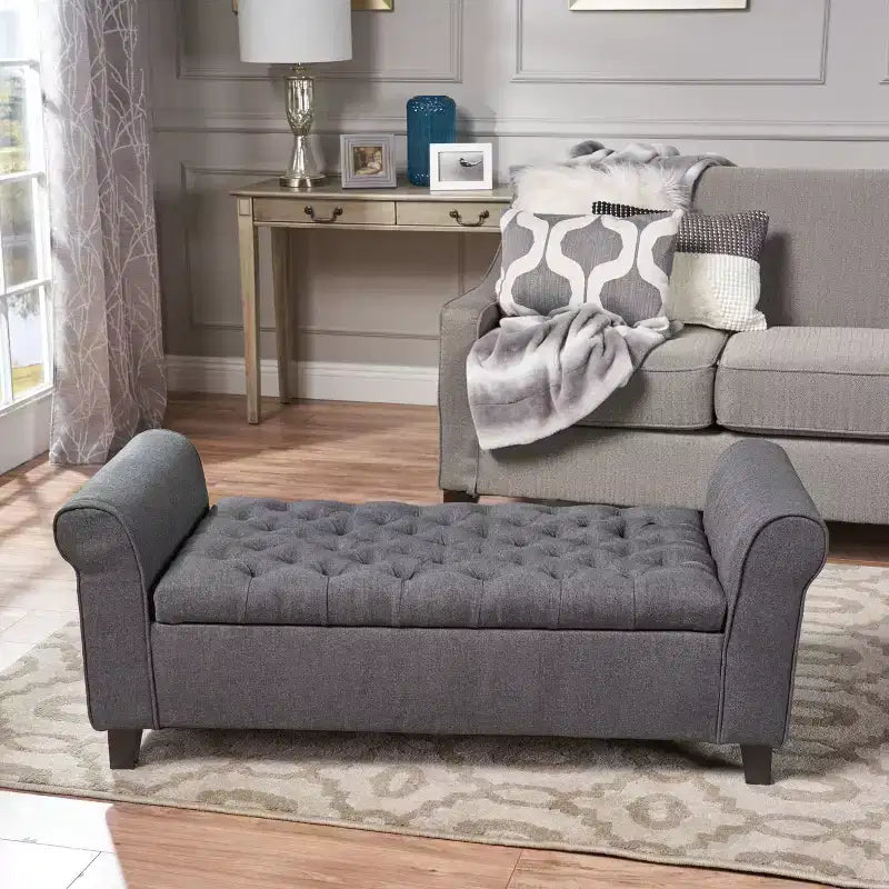 Banc de rangement moderne avec siège rembourré et accoudoirs, pouf de rangement avec pieds en bois, banc de bout de lit pour salon, chambre à coucher