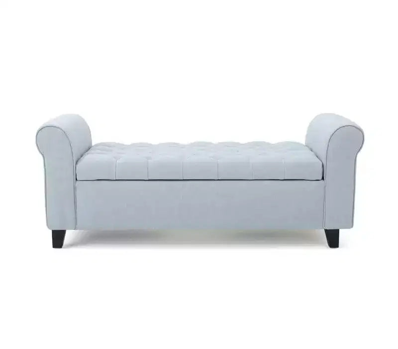 Banc de rangement moderne avec siège rembourré et accoudoirs, pouf de rangement avec pieds en bois, banc de bout de lit pour salon, chambre à coucher