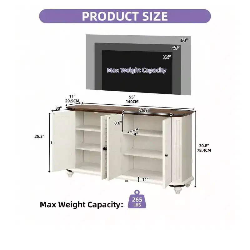 Meuble TV de ferme pour téléviseur de 60 pouces, meuble de divertissement avec étagères réglables et prises de courant, buffet pour salon