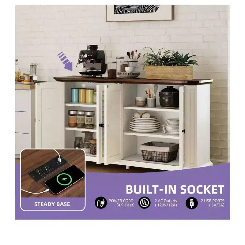Meuble TV de ferme pour téléviseur de 60 pouces, meuble de divertissement avec étagères réglables et prises de courant, buffet pour salon