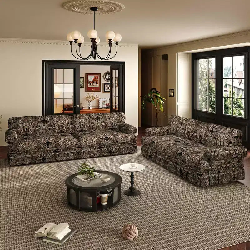 MAYEERTY Luxuriously Comfortable 3&4 Seater Cloud Couch, Chenille Fabric Sofa with Rolled Arms & Pleated Skrit Black Foral