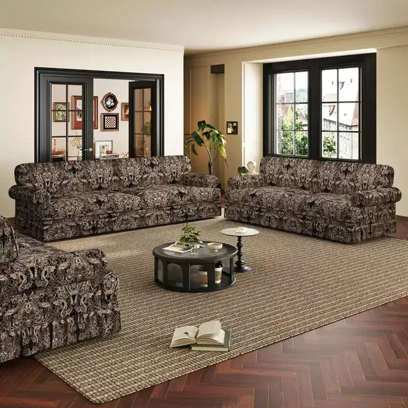 Canapé "Cloud" 3 et 4 places luxueusement confortable, en chenille, avec accoudoirs roulés et jupe plissée, motif floral noir