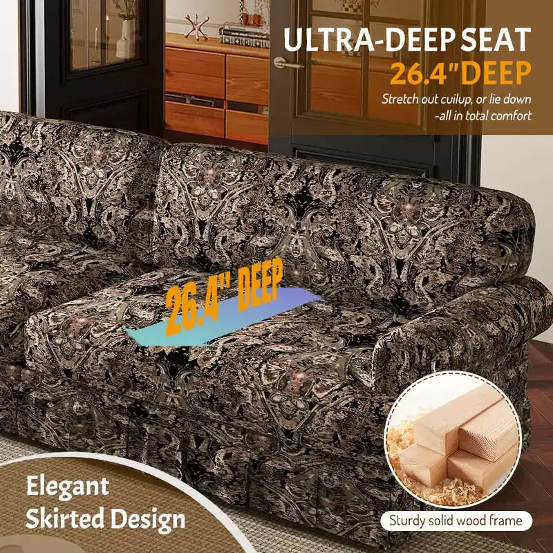 Canapé "Cloud" 3 et 4 places luxueusement confortable, en chenille, avec accoudoirs roulés et jupe plissée, motif floral noir
