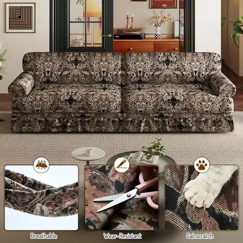 Canapé "Cloud" 3 et 4 places luxueusement confortable, en chenille, avec accoudoirs roulés et jupe plissée, motif floral noir