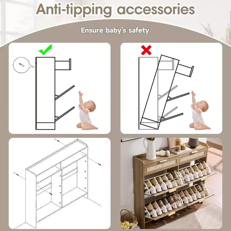 Meuble à chaussures en rotin avec 4 tiroirs basculants et 2 tiroirs, organiseur autonome pour entrée de porte d'entrée, meuble de rangement étroit et dissimulé