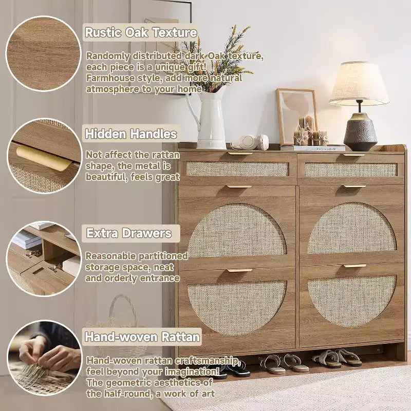 Meuble à chaussures en rotin avec 4 tiroirs basculants et 2 tiroirs, organiseur autonome pour entrée de porte d'entrée, meuble de rangement étroit et dissimulé