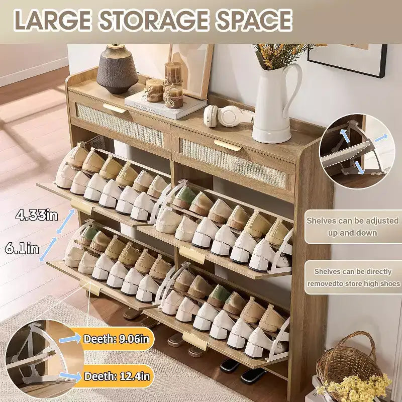 Meuble à chaussures en rotin avec 4 tiroirs basculants et 2 tiroirs, organiseur autonome pour entrée de porte d'entrée, meuble de rangement étroit et dissimulé
