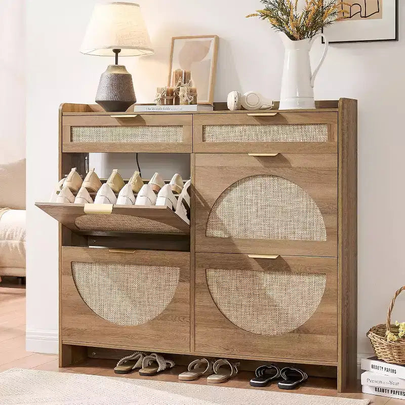 Meuble à chaussures en rotin avec 4 tiroirs basculants et 2 tiroirs, organiseur autonome pour entrée de porte d'entrée, meuble de rangement étroit et dissimulé