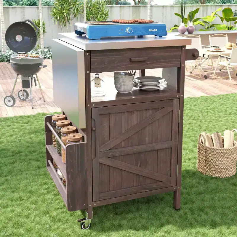 Chariot de grillades avec rangement, îlot de cuisine extérieur pour patio, table de grillades avec roulettes verrouillables et abattant, chariot de barbecue, support de table mobile pour four à pizza