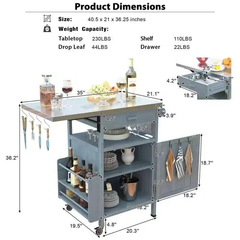 Chariot de grillades avec rangement, îlot de cuisine extérieur pour patio, table de grillades avec roulettes verrouillables et abattant, chariot de barbecue, support de table mobile pour four à pizza
