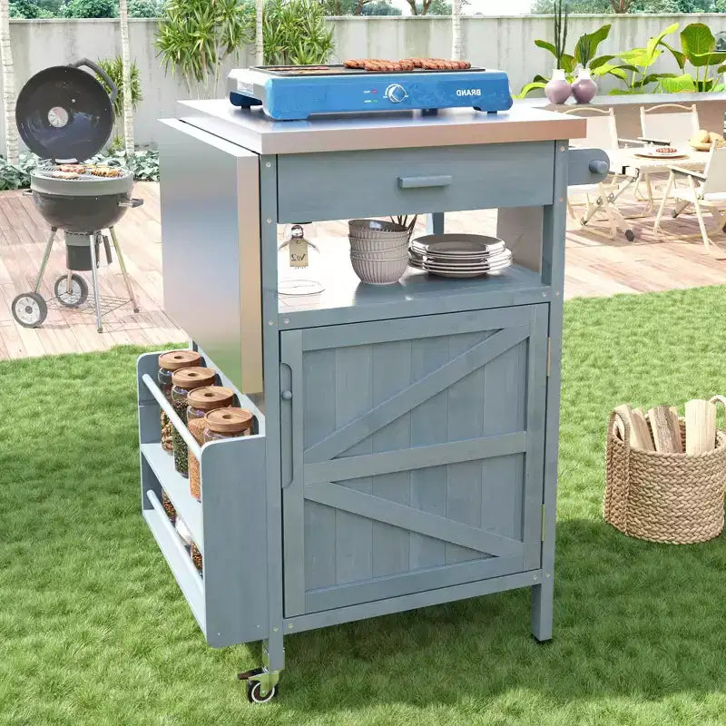 Chariot de grillades avec rangement, îlot de cuisine extérieur pour patio, table de grillades avec roulettes verrouillables et abattant, chariot de barbecue, support de table mobile pour four à pizza