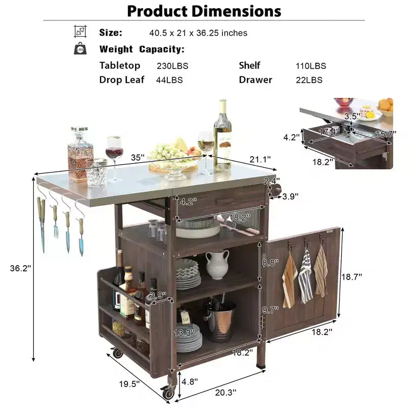 Chariot de grillades avec rangement, îlot de cuisine extérieur pour patio, table de grillades avec roulettes verrouillables et abattant, chariot de barbecue, support de table mobile pour four à pizza