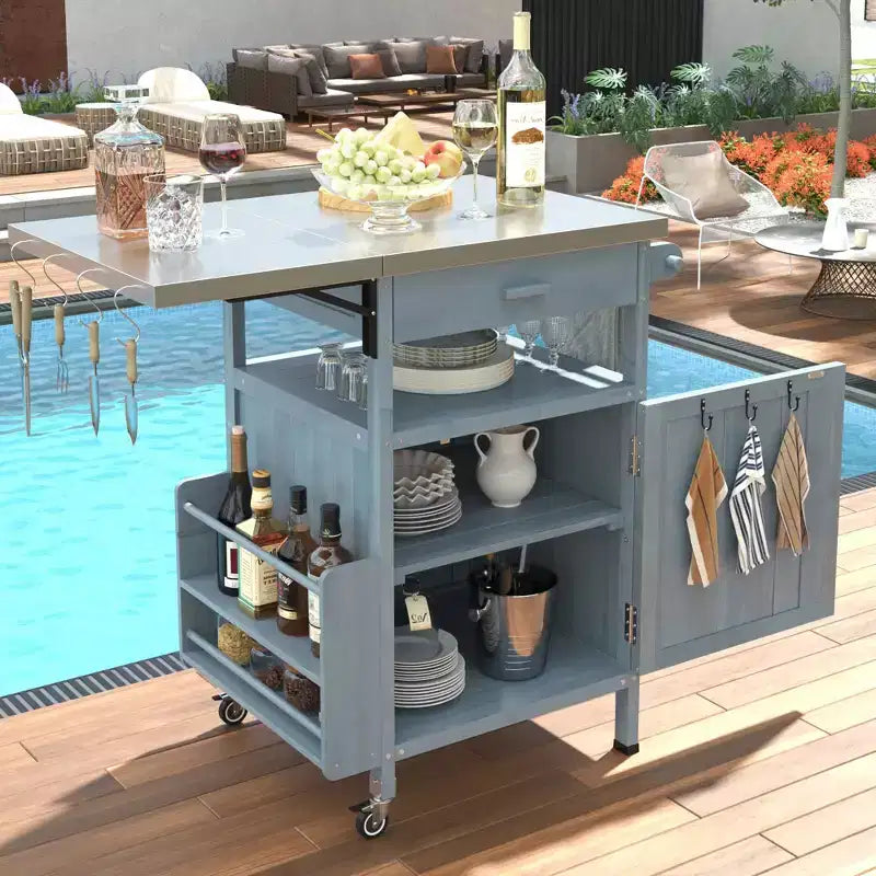 Grill Cart with Storage, Patio Kitchen Island Outdoor Grill Table with Lockable Wheels Drop Leaf, BBQ Cart Movable Pizza Oven Table Stand