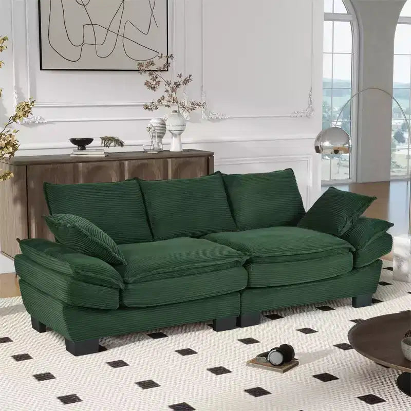 Mid Century Modern Couch,Corduroy Upholstered Small Sofa with 2 Throw Pillows, Comfortable Backrest, Sofa for Living Room Bedroom