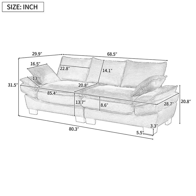 Canapé moderne du milieu du siècle, petit canapé en velours côtelé avec 2 coussins, dossier confortable, canapé pour salon et chambre