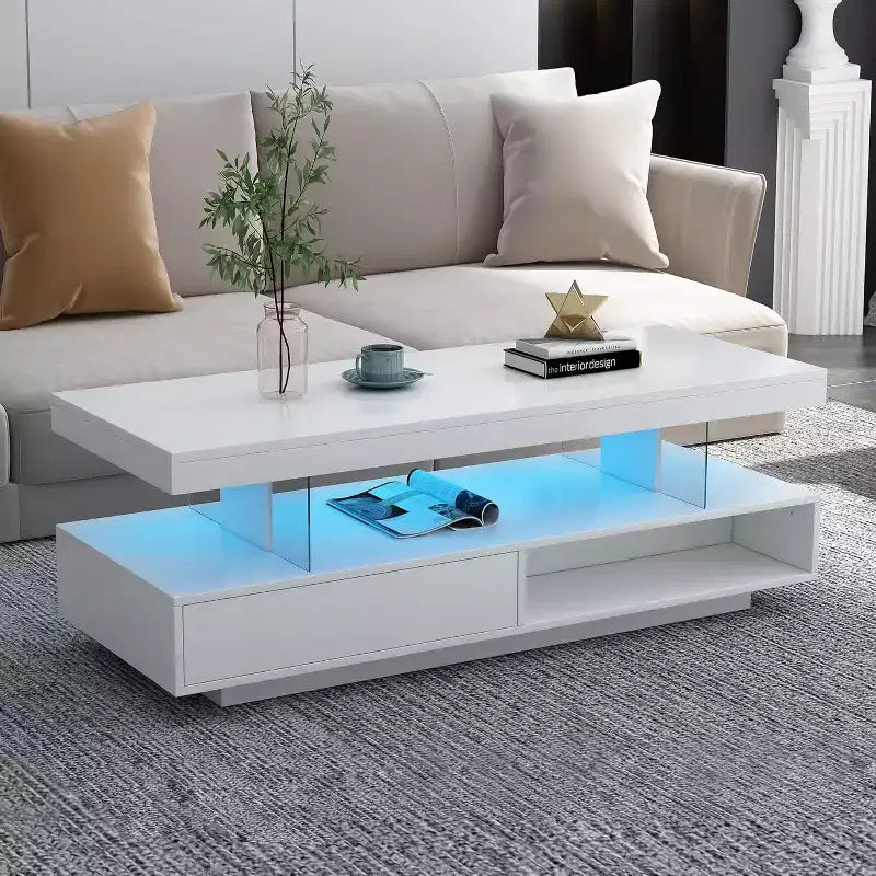 LED Lighted Coffee Table with Storage 2 Drawers & Display Shelf Modern Living Room Furniture