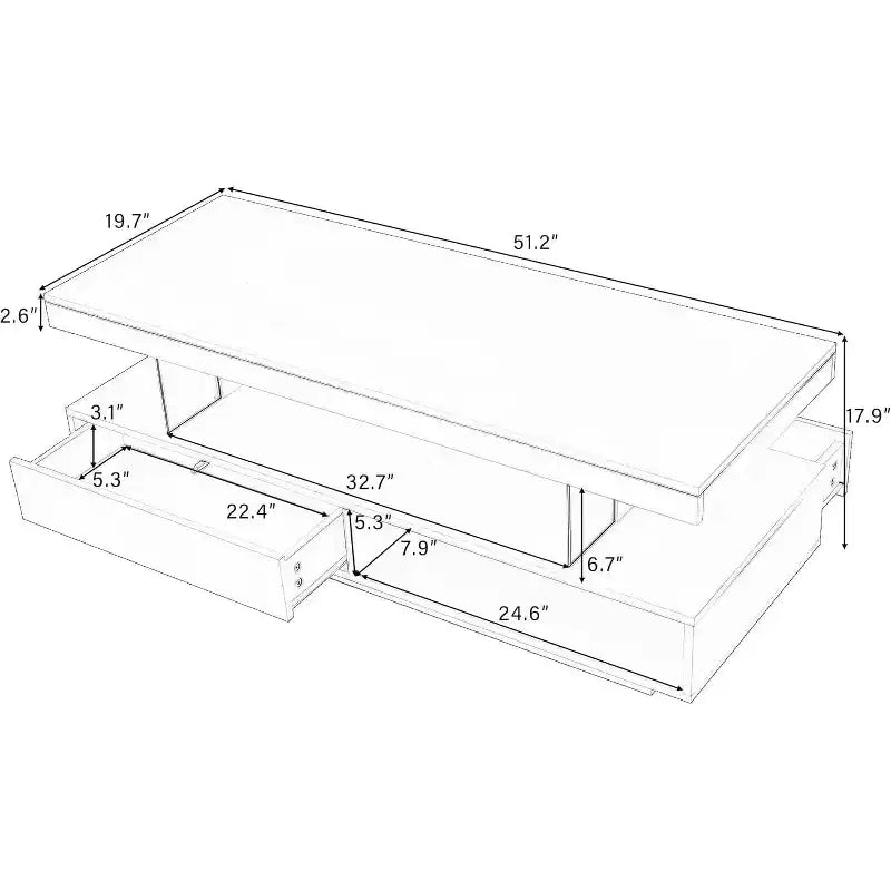 Table basse à LED avec rangement, 2 tiroirs et étagère de présentation, mobilier de salon moderne