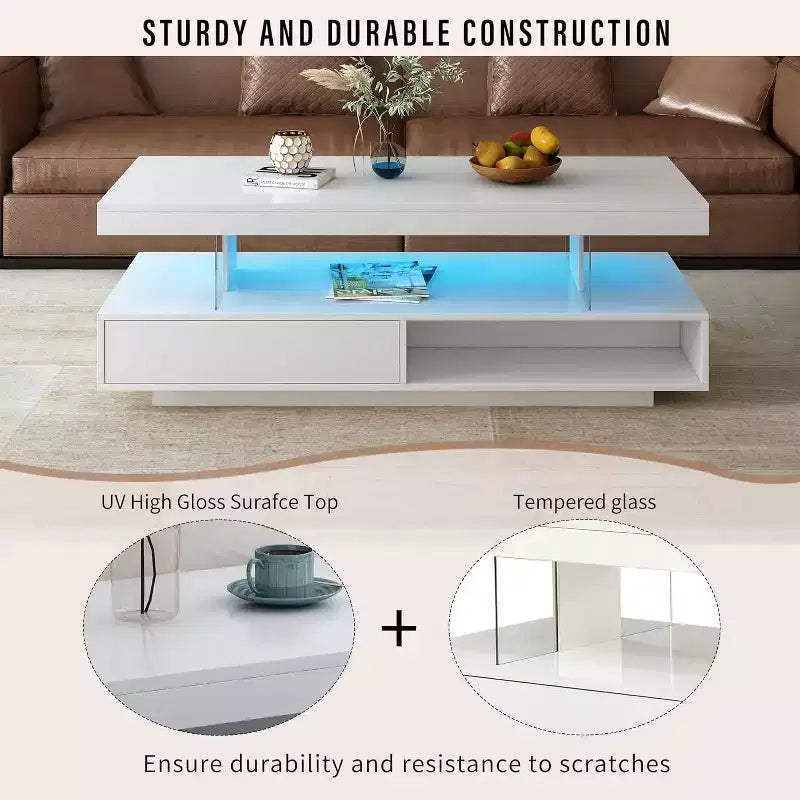 Table basse à LED avec rangement, 2 tiroirs et étagère de présentation, mobilier de salon moderne