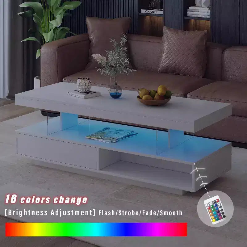 Table basse à LED avec rangement, 2 tiroirs et étagère de présentation, mobilier de salon moderne