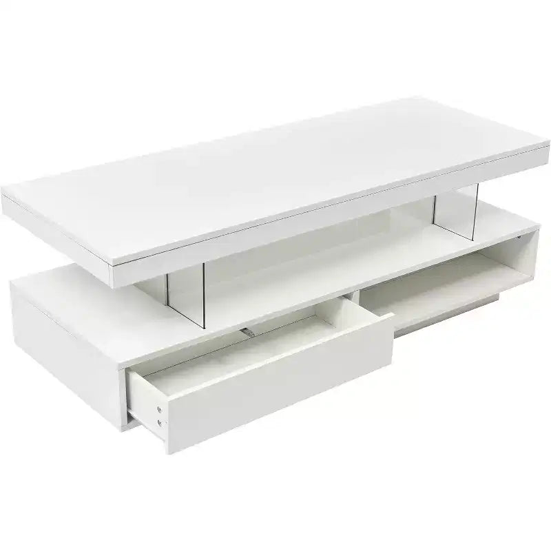 Table basse à LED avec rangement, 2 tiroirs et étagère de présentation, mobilier de salon moderne