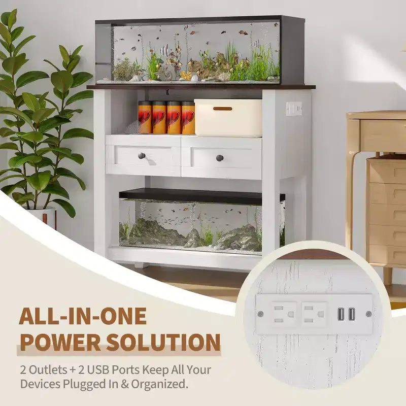 Meuble d'aquarium 75 à 110 litres avec station de charge, support pour aquarium robuste de 300 kg avec tiroirs