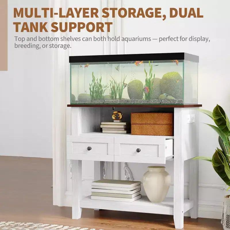 Meuble d'aquarium 75 à 110 litres avec station de charge, support pour aquarium robuste de 300 kg avec tiroirs