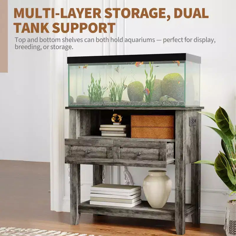 Meuble d'aquarium 75 à 110 litres avec station de charge, support pour aquarium robuste de 300 kg avec tiroirs