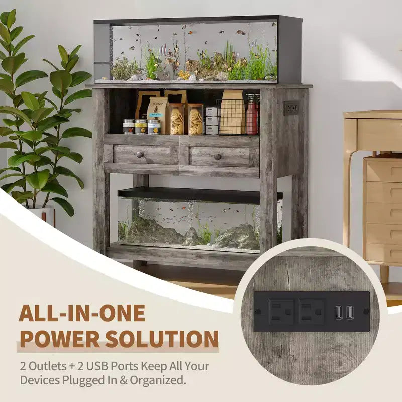 Meuble d'aquarium 75 à 110 litres avec station de charge, support pour aquarium robuste de 300 kg avec tiroirs
