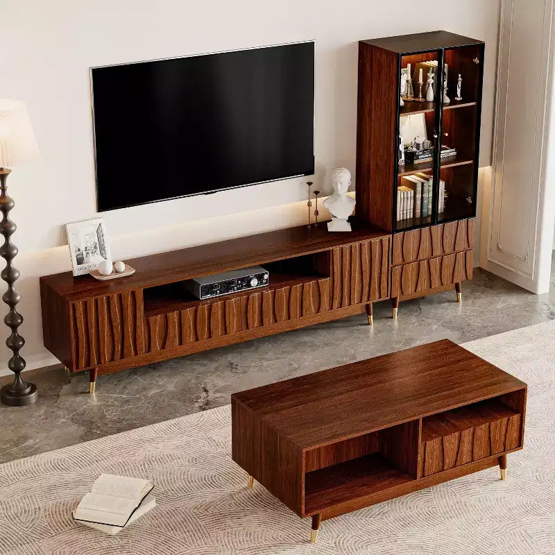 ATJafurn Mid-century Modern Living Room Set Entertainment Center up to 85 TV, Walnut