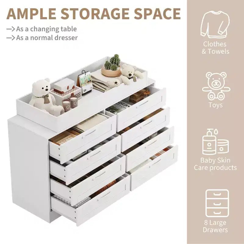Commode à langer avec 8 tiroirs en bois (sans matelas)