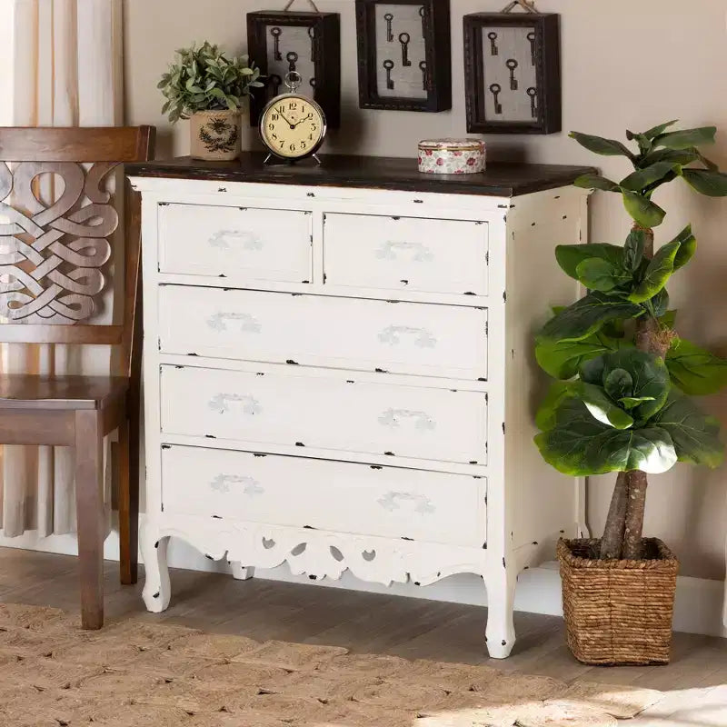 Levron Two-Tone Wood 5 Drawer Storage Cabinet Walnut Brown/White - Baxton Studio