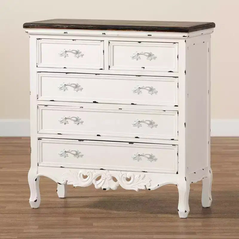 Meuble de rangement à 5 tiroirs en bois bicolore noyer brun/blanc