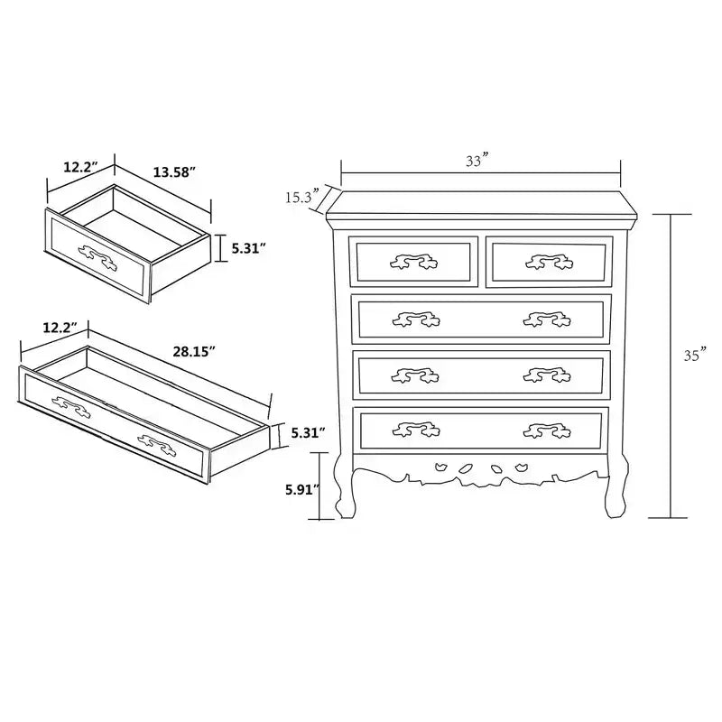 Meuble de rangement à 5 tiroirs en bois bicolore noyer brun/blanc