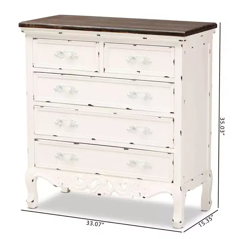 Meuble de rangement à 5 tiroirs en bois bicolore noyer brun/blanc