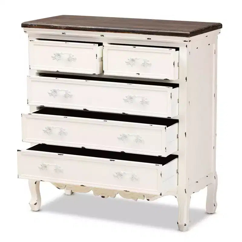 Meuble de rangement à 5 tiroirs en bois bicolore noyer brun/blanc